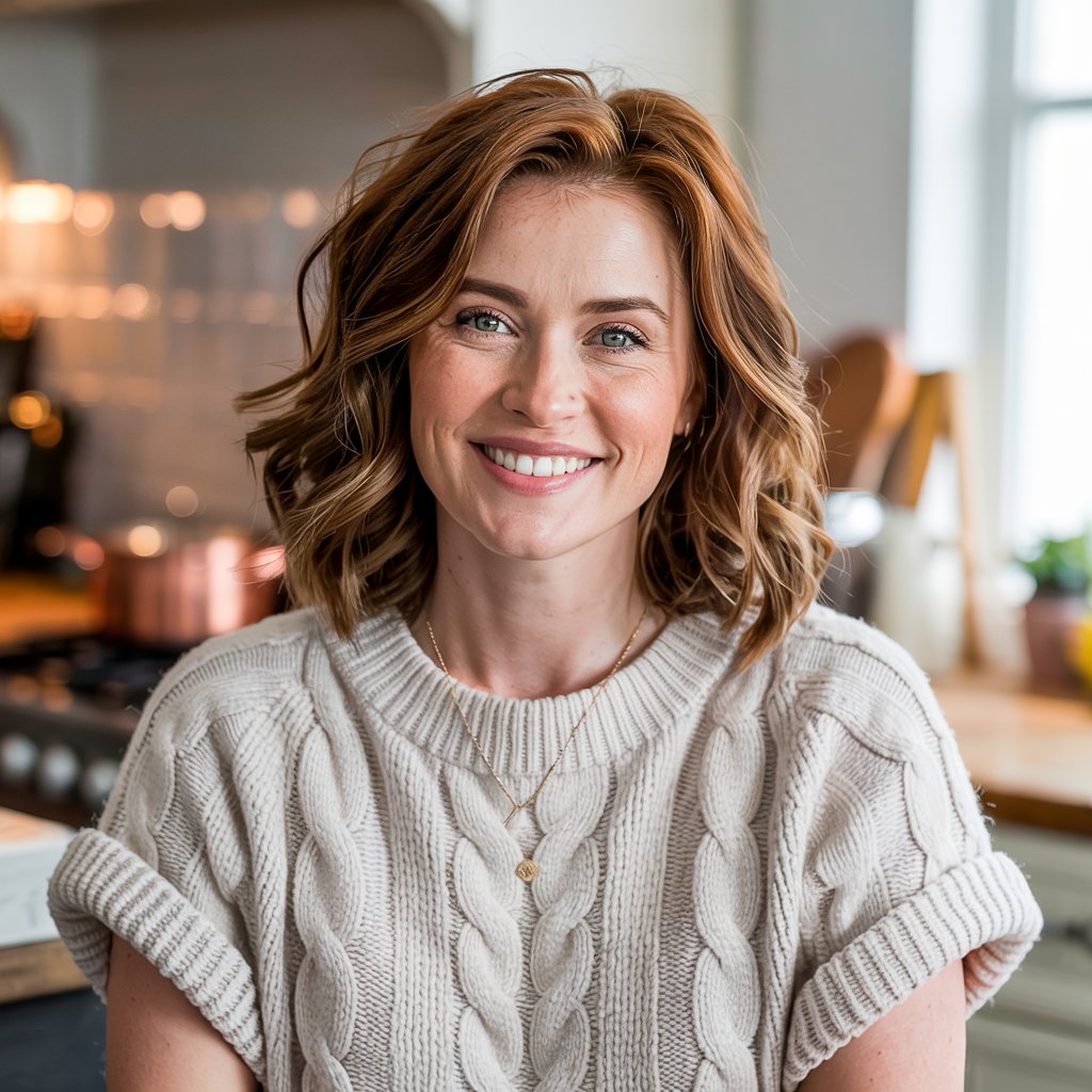 **Alt text:** Smiling woman with wavy auburn hair wearing a cozy cable-knit sweater, sitting in a warmly lit modern kitchen. She appears friendly and approachable, with soft natural lighting highlighting her face.