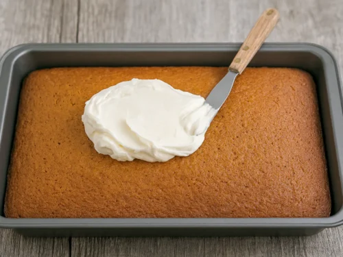 Freshly baked pumpkin cake in a pan being topped with cream cheese frosting using an offset spatula