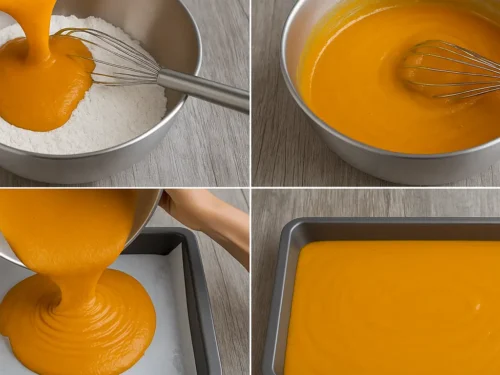 Step-by-step collage showing pumpkin cake batter preparation, including pouring wet mixture into dry ingredients, whisking to combine, and pouring the smooth batter into a baking pan