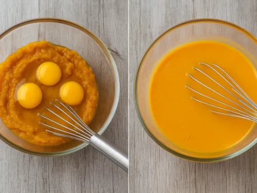 Pumpkin puree and eggs in a glass bowl with a whisk, shown before and after mixing into a smooth pumpkin mixture