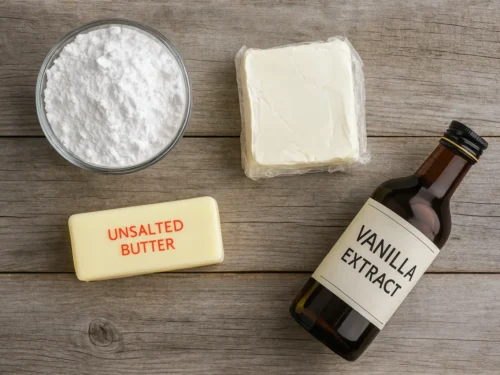 Ingredients for cream cheese frosting on a wooden table including powdered sugar, unsalted butter, cream cheese, and vanilla extract