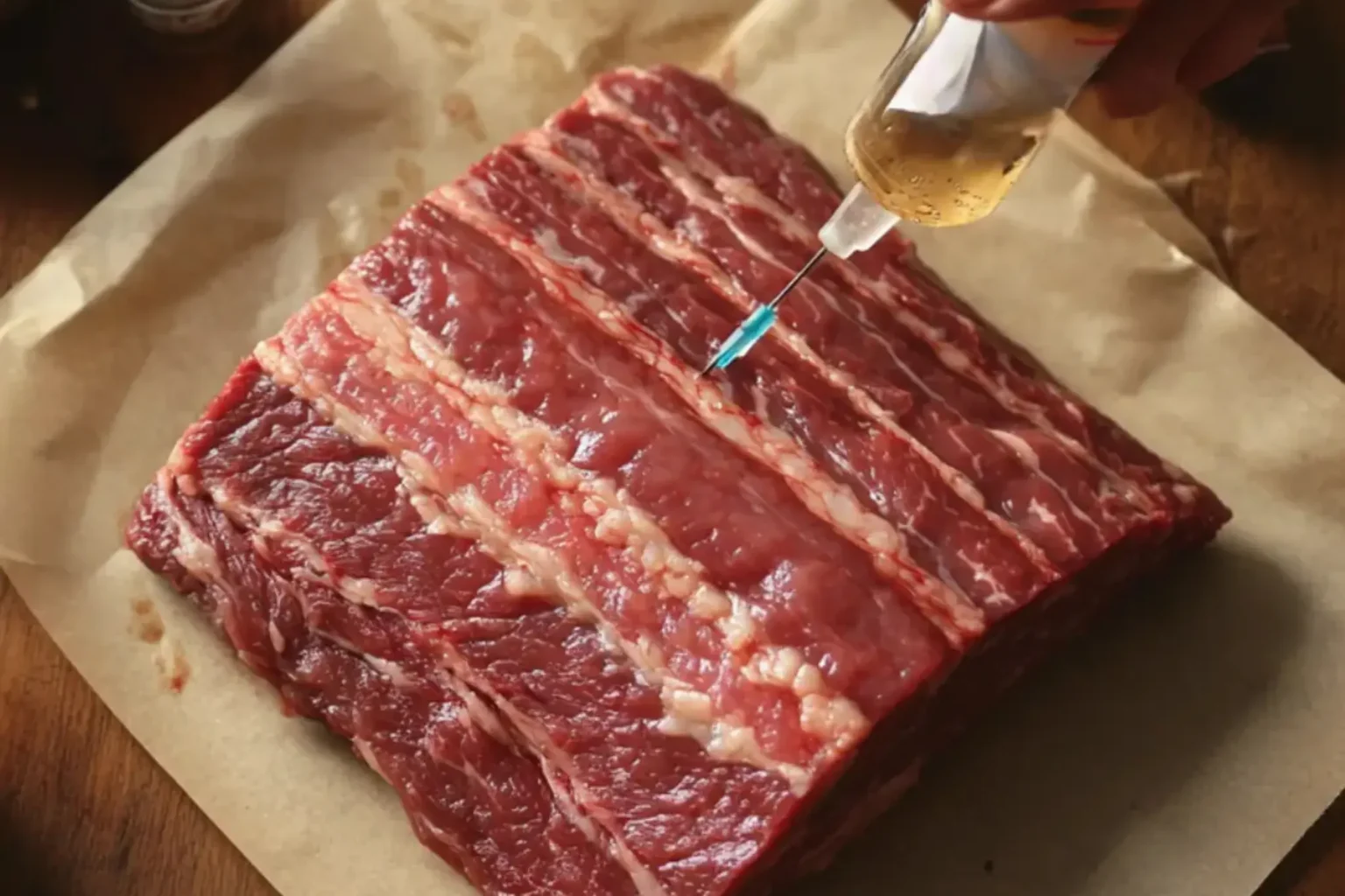 Injecting Brisket with Marinade Before Slow Cooking Injecting marinade into raw brisket before slow cooking for added flavor and moisture