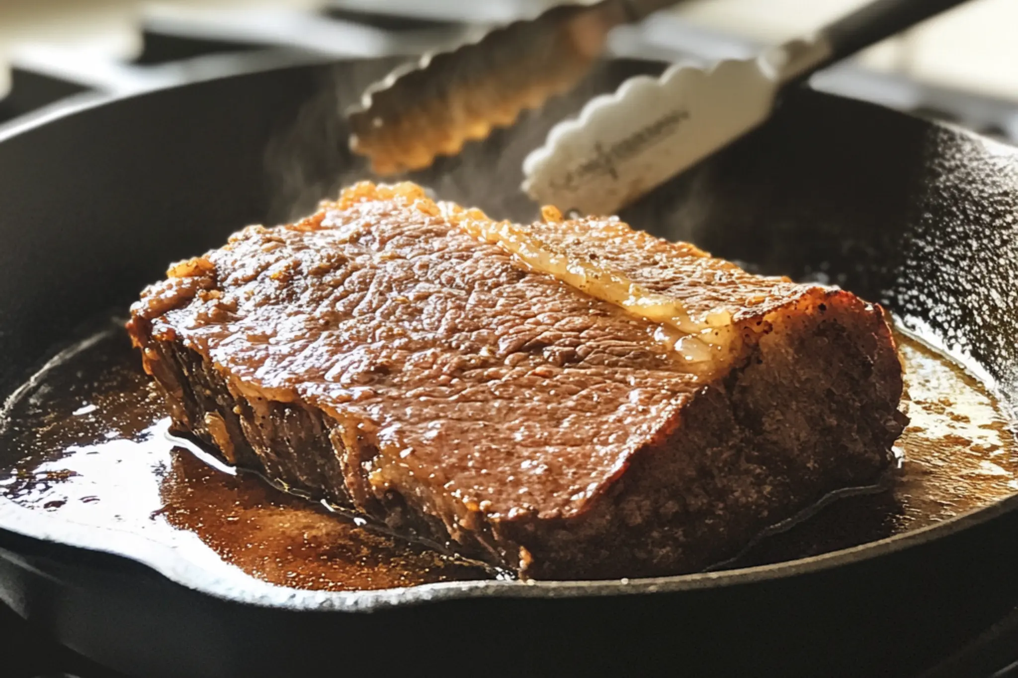 "Searing Brisket Before Slow Cooking for a Deep, Caramelized Crust Brisket being seared in a cast iron skillet before slow cooking to lock in flavor