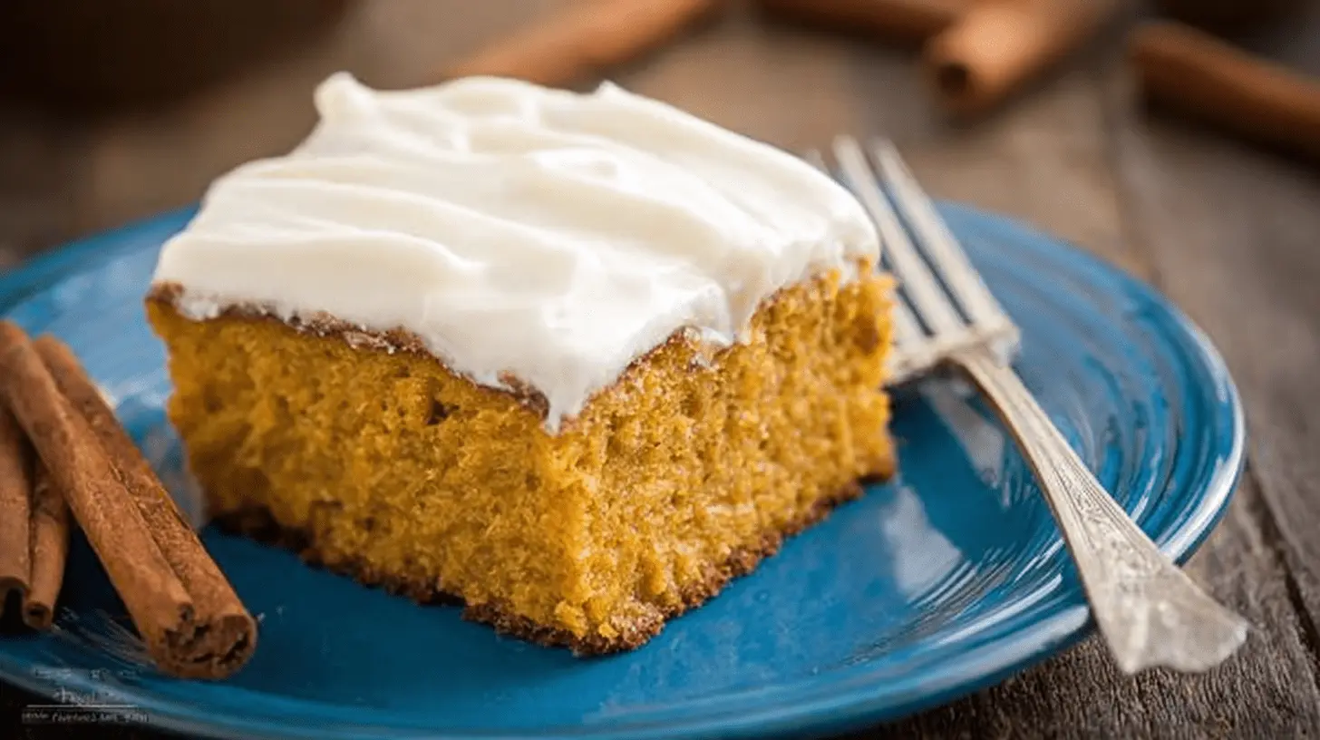 Close-up of a delicious slice of moist pumpkin cake with creamy white frosting, garnished with cinnamon sticks on a rustic wooden background, highlighting a tempting pumpkin cake recipe.