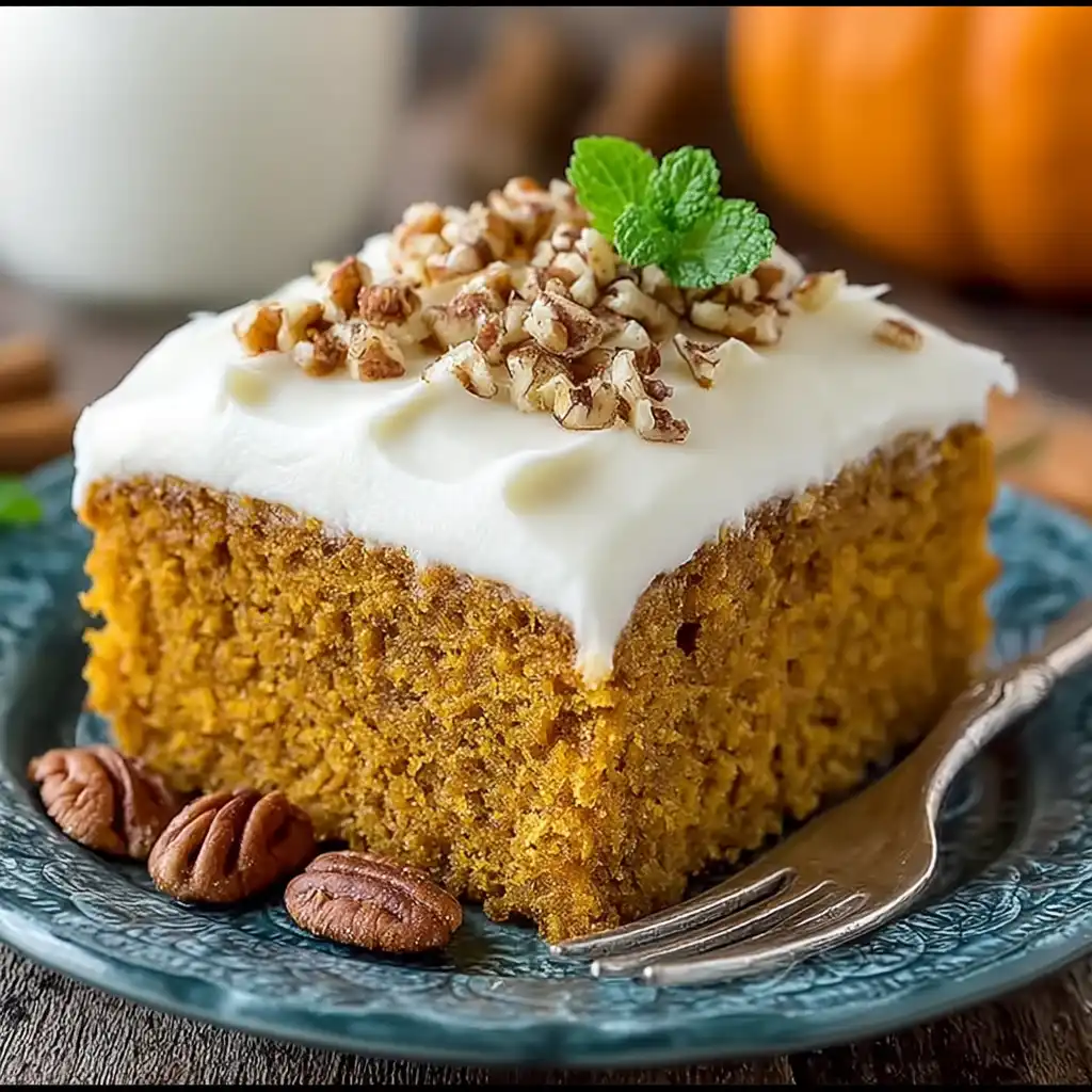 A slice of moist pumpkin cake topped with cream cheese frosting, chopped pecans, and a mint leaf, served on a blue ceramic plate with whole pecans and a fork