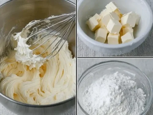 Step-by-step collage showing ingredients and preparation of cream cheese frosting, including cubed butter, powdered sugar, and whipped frosting in a mixing bowl with a whisk