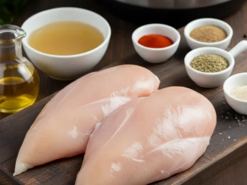 Raw Ingredients for Instant Pot Chicken Breast Recipe Ingredients for an Instant Pot recipe: Two raw, boneless, skinless chicken breasts sit on a cutting board, with an electric pressure cooker, a bowl of broth, a pitcher of oil, and four small bowls of various spices (paprika, cumin, herbs) arranged behind them