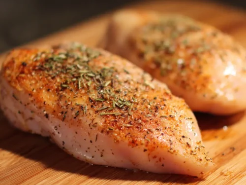 Herb-Seasoned Chicken Breasts Ready for Instant Pot Cooking Raw chicken breasts seasoned with herbs and spices on a wooden cutting board, ready to be cooked in the Instant Pot.
