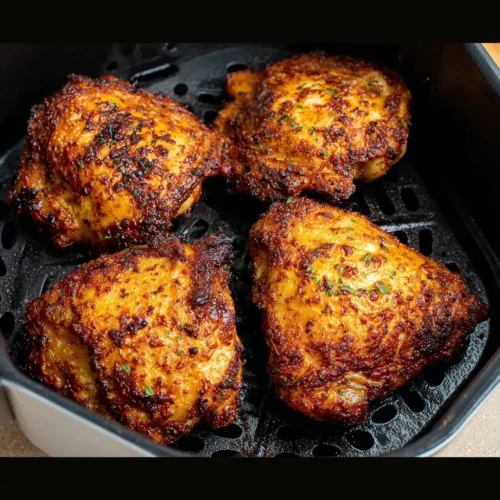 Crispy and Juicy Air Fryer Chicken Thighs Golden brown air fryer chicken thighs with a crispy, seasoned crust, resting inside the air fryer basket after cooking, showing juicy texture and flavorful char under warm kitchen lighting.